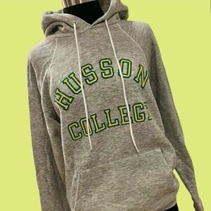 Vintage 80s Husson College mint raglan sleeve hoodie gray gold green L